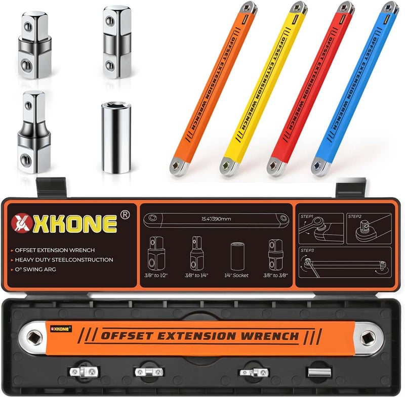 XKONE Offset Extension Wrench Set,3/8" Drive Wrench with 1/4",3/8",1/2" Square Drive Adapters and 1/4" Socket for Tight Spaces. - Image 1